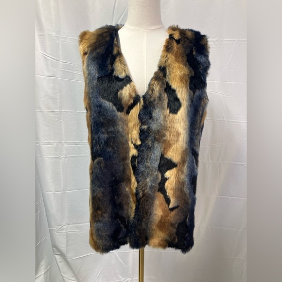 Arianna By Howard’s Faux Fur Vest Black Blue Tan hook & Eye Like New  Sm/M - Picture 2 of 12